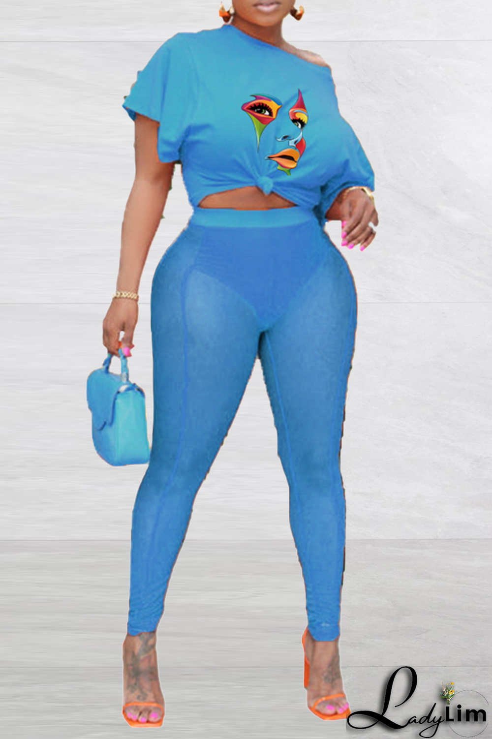 Sky Blue Sexy Print Mesh One Shoulder Short Sleeve Two Pieces