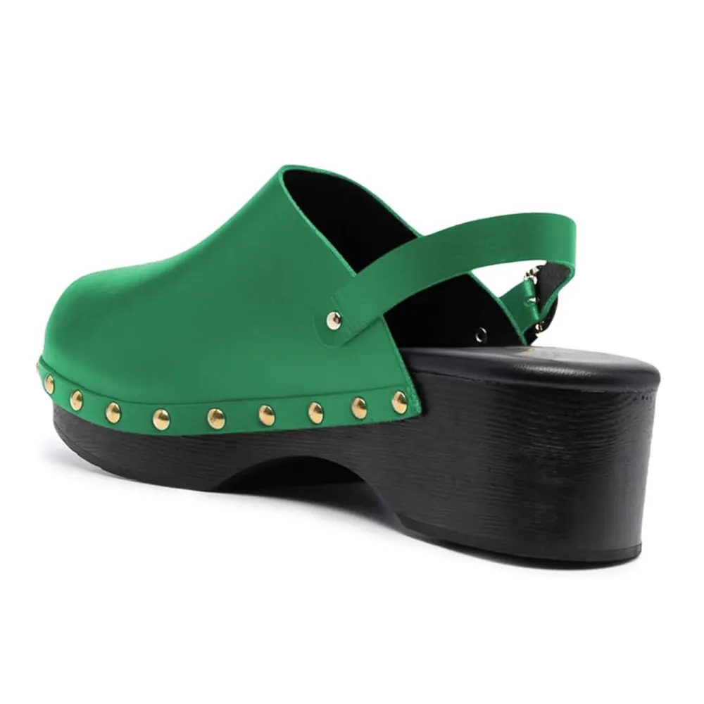 Green Vegan Leather Round Toe Studded Platform Slingback Heels