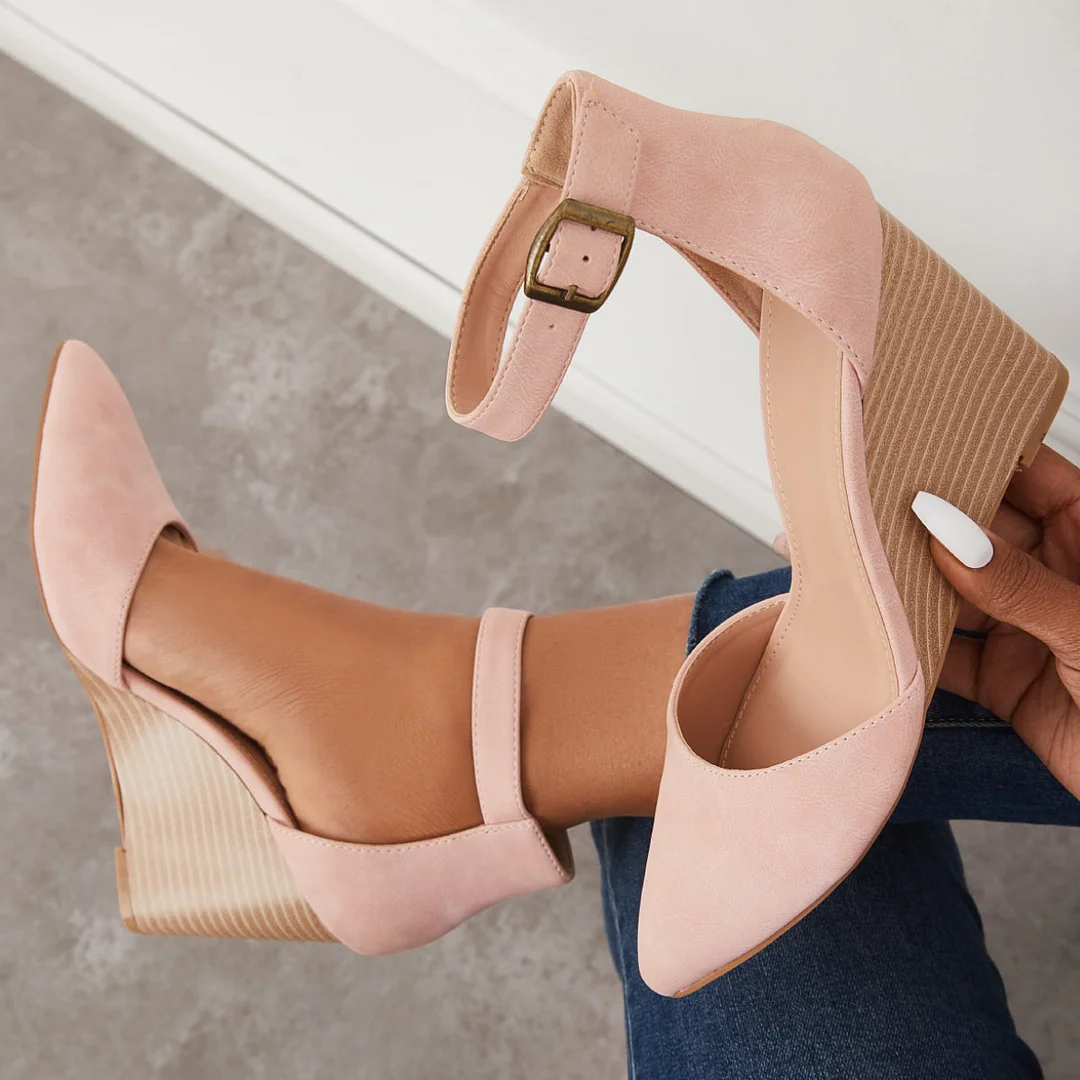 Classic Ankle Strap Wedges Pointed Toe Stacked Heel Dress Pumps