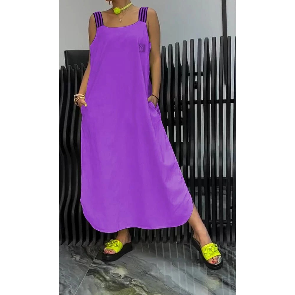 Mature Women Casual Summer Cotton And Linen Pocket Striped Shoulder Strap Skirt Dress