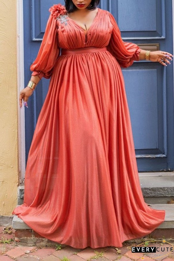 Plus Size Plain Dresses Long Sleeve Lantern Sleeve Maxi Dress