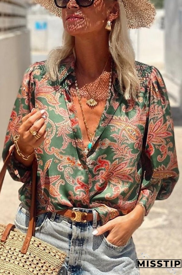 Unique Printed Loose Resort Long Sleeve Shirt