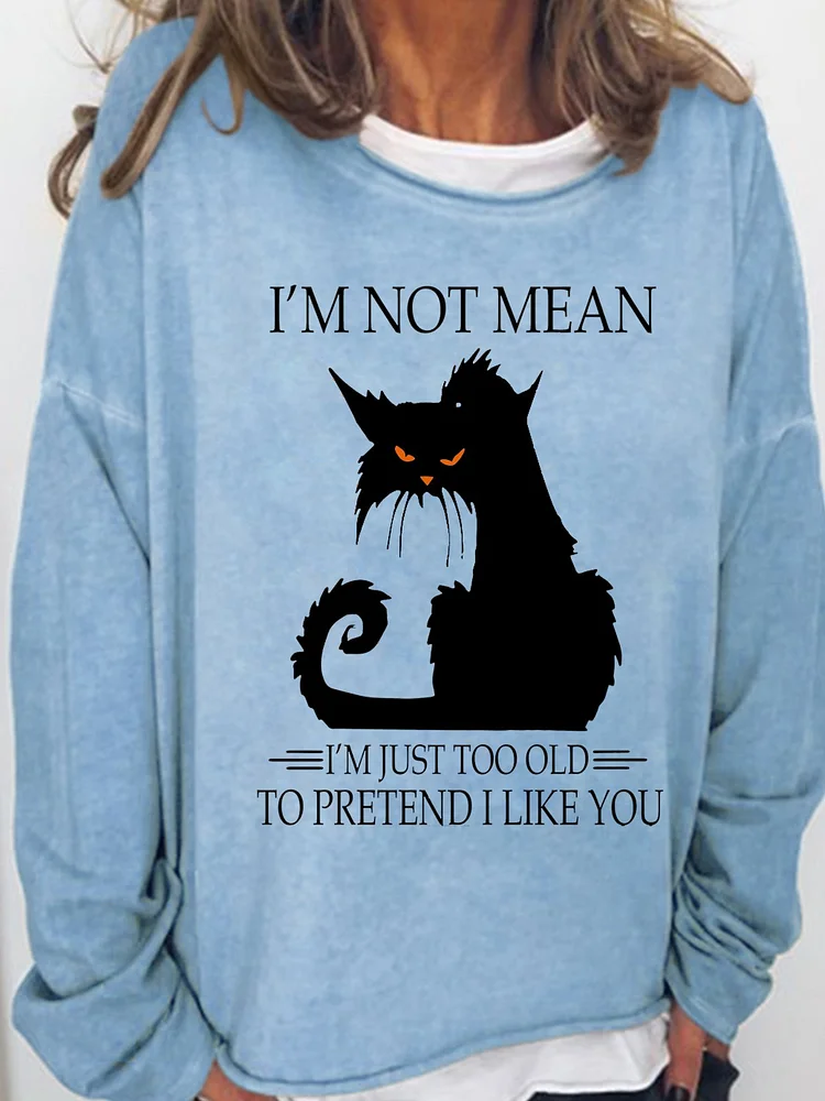 Womens Im Not Mean Letters Cute Cat Graphic Long Sleeve Crew Neck Sweatshirts