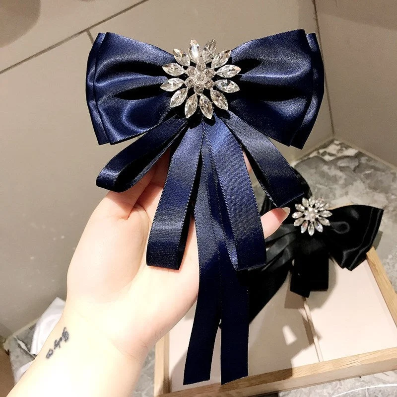New Exaggerated Big Bow Tie Crystal Satin Collars Flower Long Ribbon Pins Fashion Women's Jewelry Gift