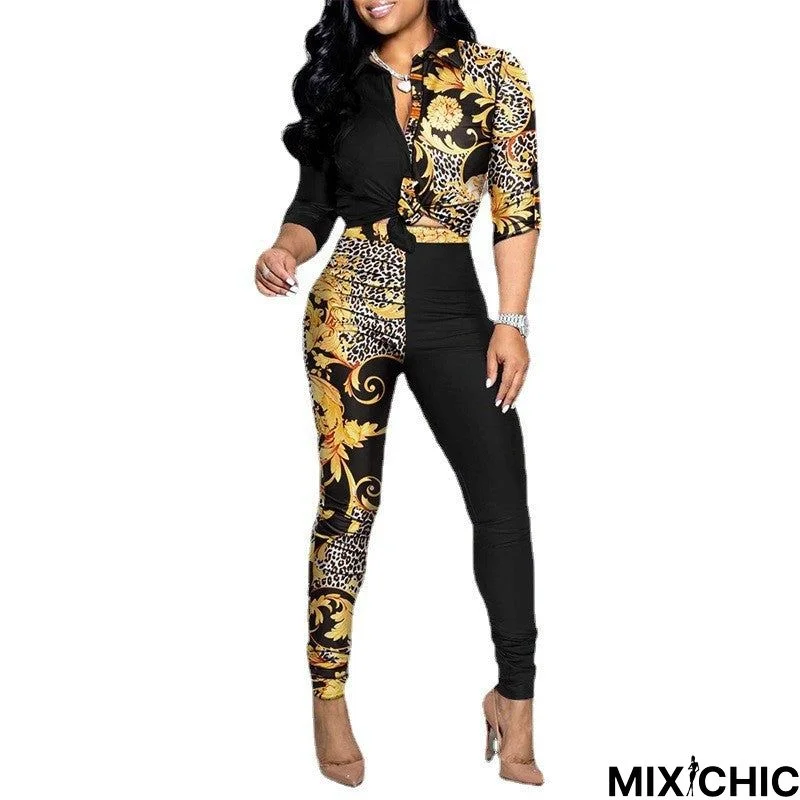 Women's Casual Color Printed Long-sleeved Lapel Cardigan Shirt Pants Two-piece Suit