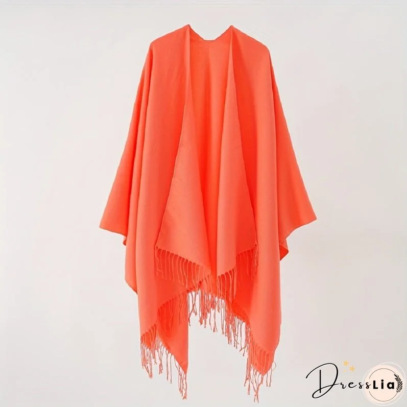 Solid Color Tassel Cardigan Poncho Simple Imitation Cashmere Open Front Large Shawl Women's Autumn Winter Outside Warm Coldproof Shawl Cape