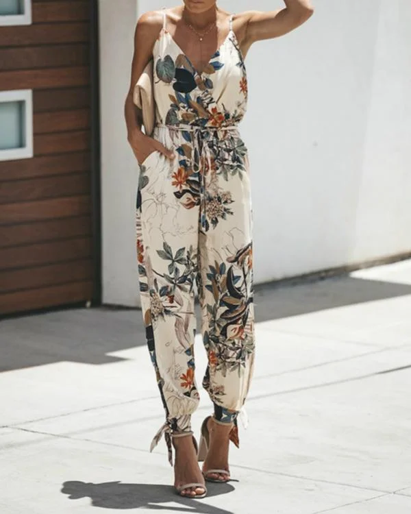 women s elegant side slit floral print jumpsuits p109891