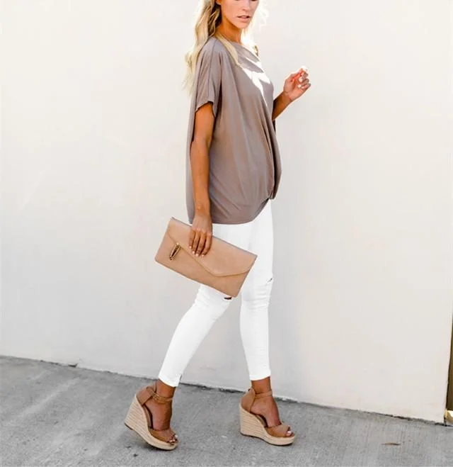 Sexy Pure Color Slanted Shoulder Baggy Blouse T-Shirt
