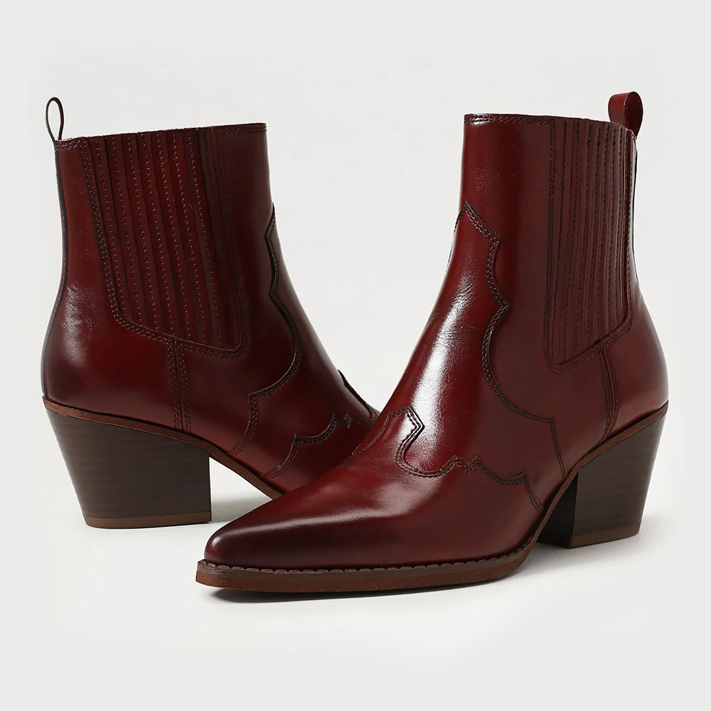 Maroon Pointed Toe Pull On Short Cowboy Boots for Women with Stitching