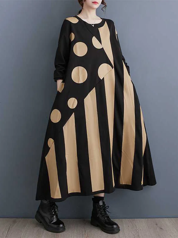 A-Line Long Sleeves Asymmetric Polka-Dot Split-Joint Striped Round-Neck Midi Dresses