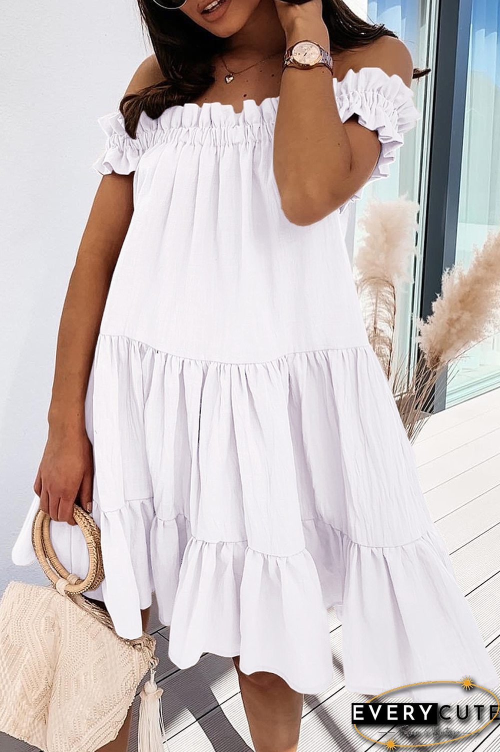 Sweet Solid Patchwork Flounce Off The Shoulder Cake Skirt Dresses(5 Colors)