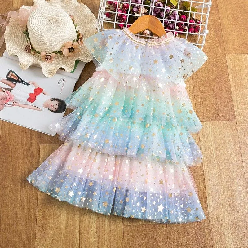 Girls Summer Costume Sweet Princess Dress Mesh Chiffon Cake Layers Outfit  Birthday Party Ball Grown Clothing For Children