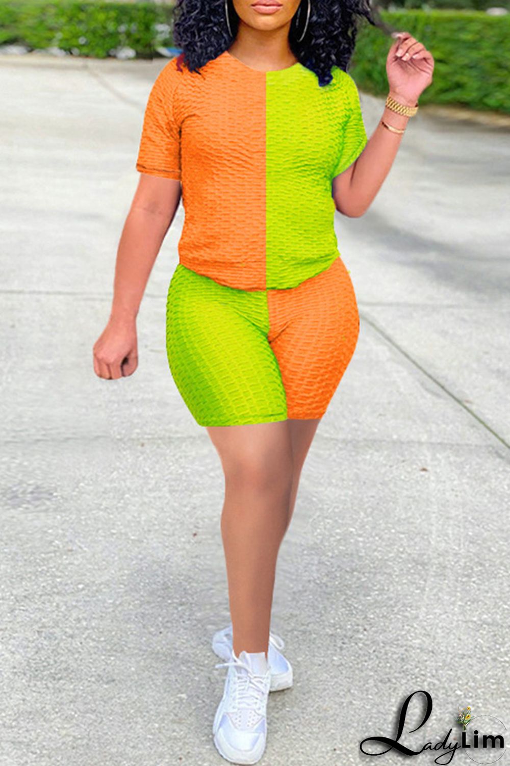 Yellow Grey Fashion Casual Solid Patchwork O Neck Short Sleeve Two Pieces