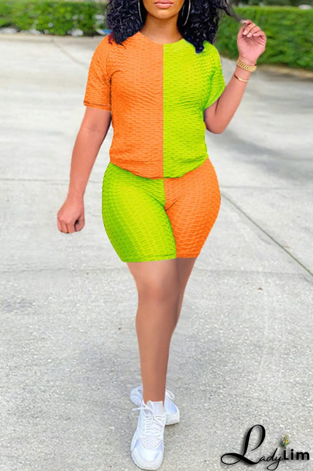 Yellow Grey Fashion Casual Solid Patchwork O Neck Short Sleeve Two Pieces