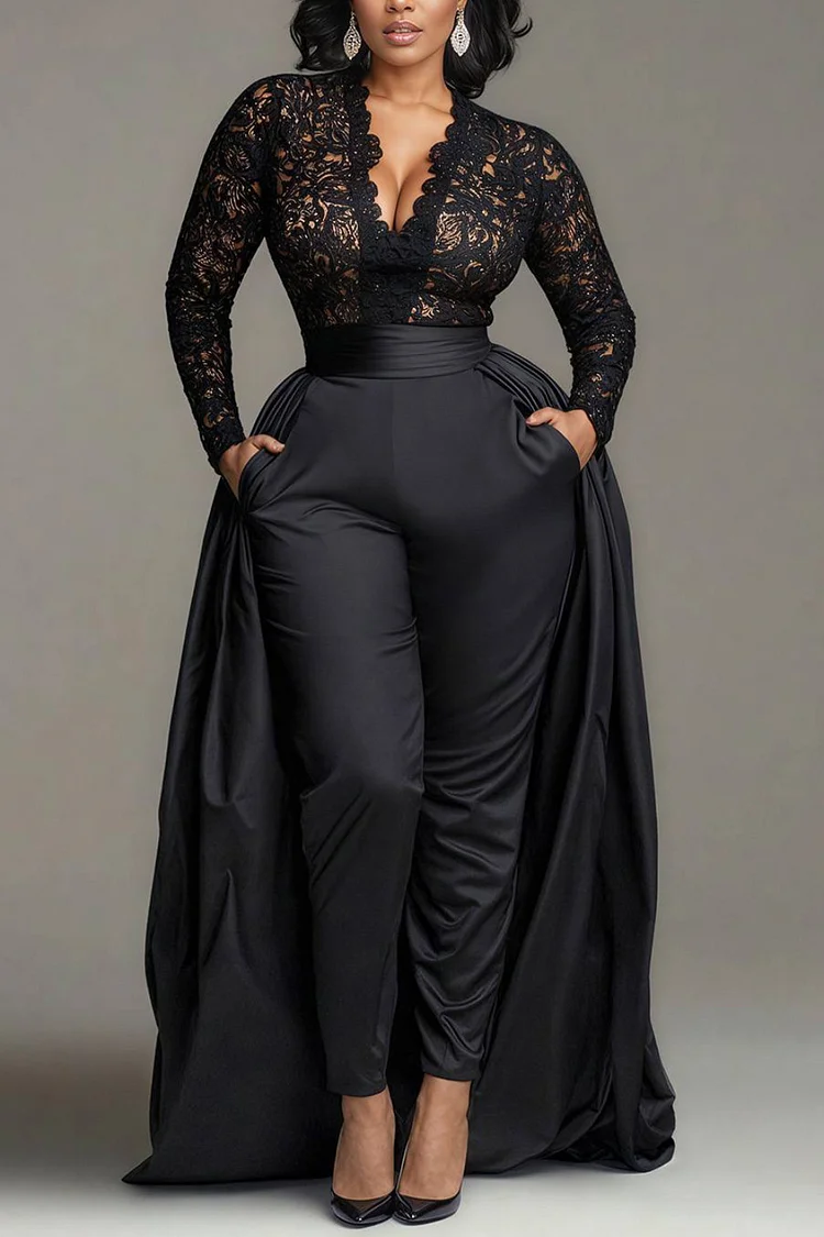 Xpluswear Design Plus Size Formal Satin Black V Neck Long Sleeve With Skirt Overlay Elegant Pocket Lace Jumpsuits [Pre-Order]