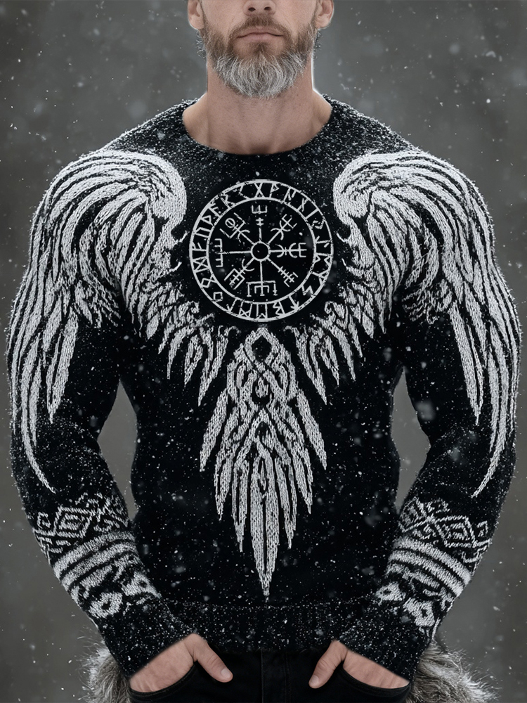 Men's Vintage Viking Vegvisir With Wings Cozy Knit Sweater elevenforest