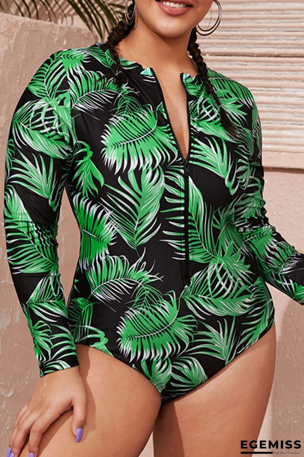 Green Casual Print Patchwork Zipper Zipper Collar Plus Size Swimwear | EGEMISS