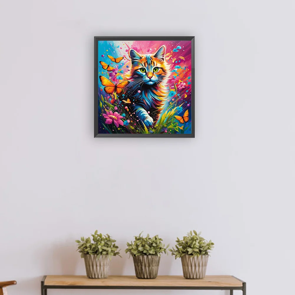 Diamond Painting - Full Round Drill - Cat Butterfly(Canvas|30*30cm)