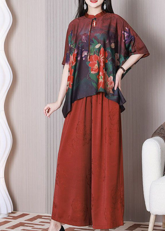 VCSHOES Red Mandarin Collar Oversized Tassel Print Silk Two Pieces Set Summer