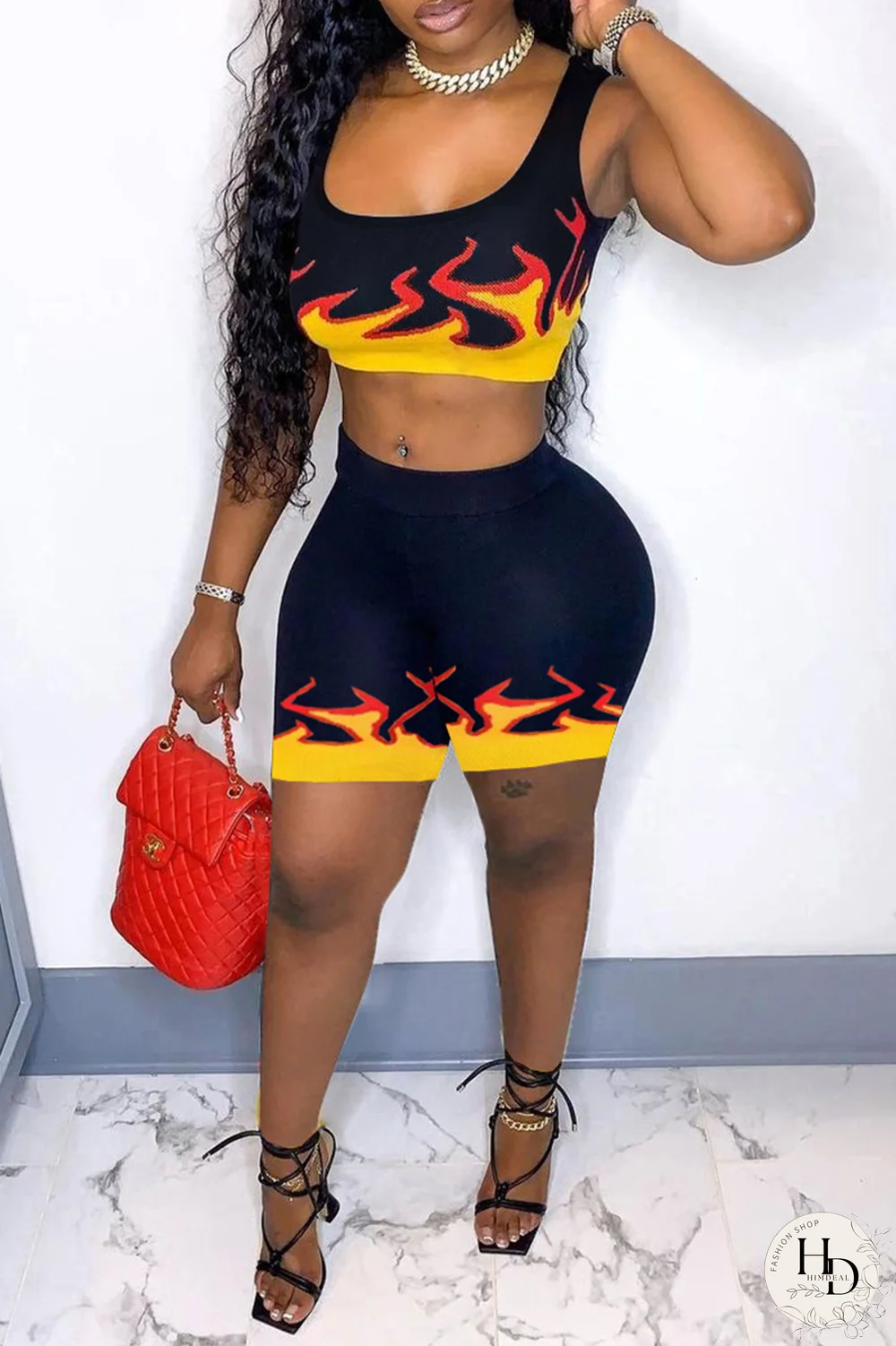 Red Sexy Print Split Joint Square Collar Sleeveless Two Pieces