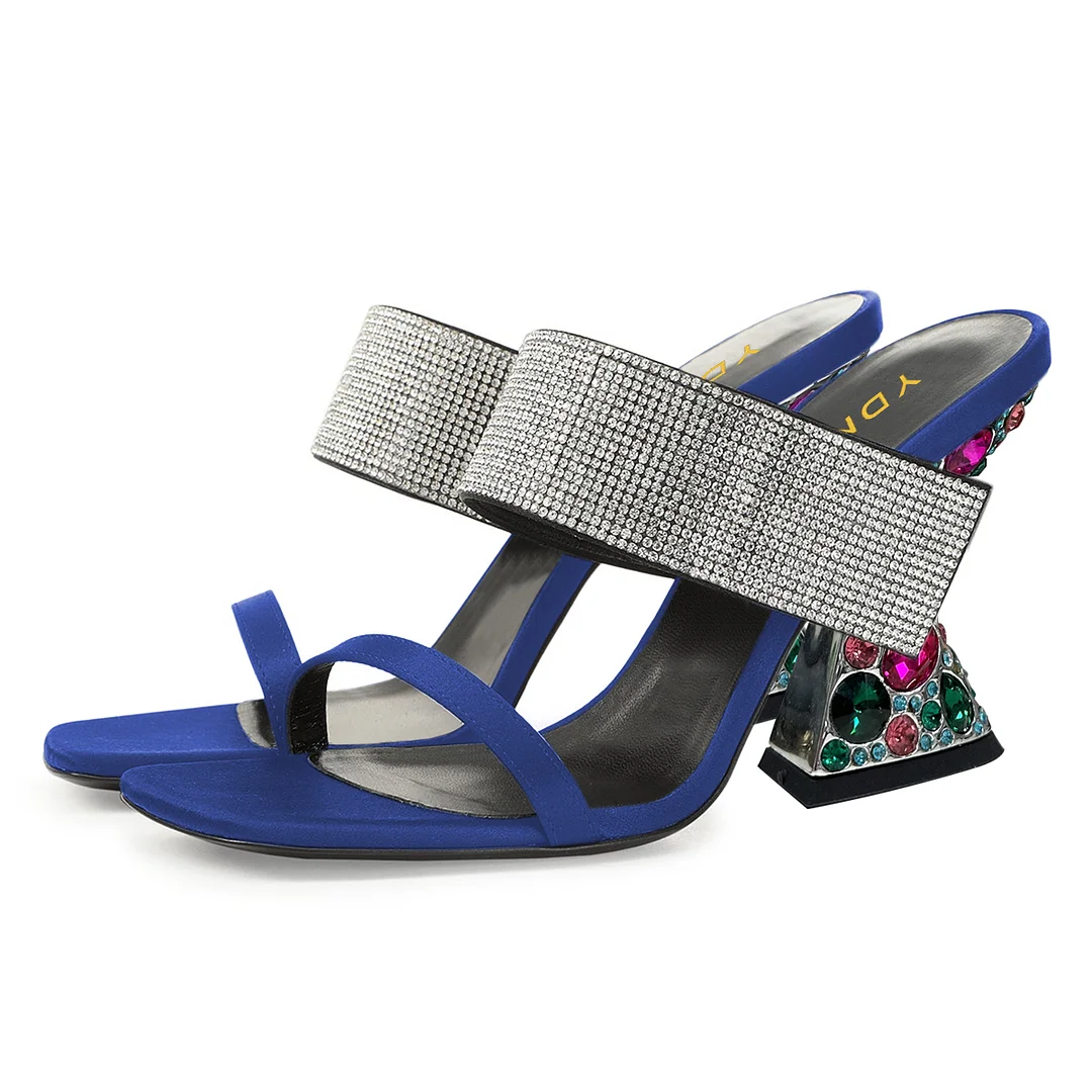 Satin Rhinestone Embellished Mules with Sculptural Heel in Navy Blue