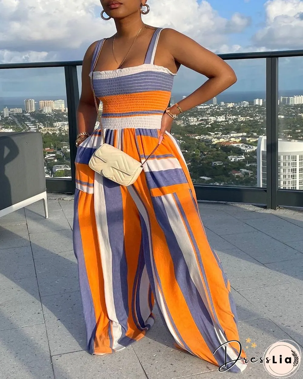 Shirred Striped Colorblock Frill Hem Jumpsuit