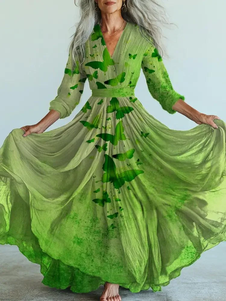 Retro Spring Butterfly Printed Vintage V-Neck Long Sleeves Midi Dress
