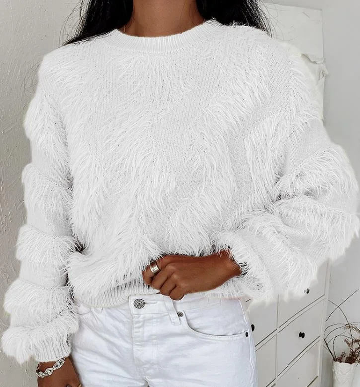 Uforever21 2023 Autumn New Fall Outfit women's sweater Fluffy Tassel Design Sweater for Women Autumn/Winter Long Sleeve Round Neck Solid Color Fashion Pullover Sweater
