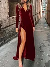 Solid Color  Velvet Split-Front  Long Sleeved Maxi Dress