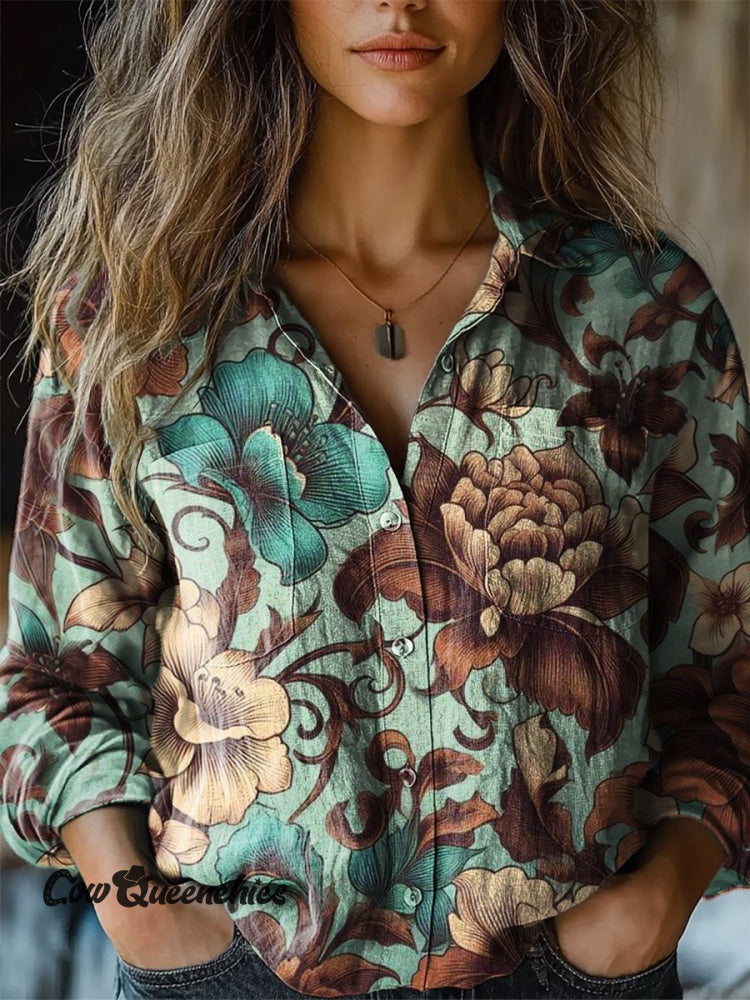 Women’s Turquoise Vintage Ethnic Flower Print Casual Long Sleeve Comfortable Cotton Shirt
