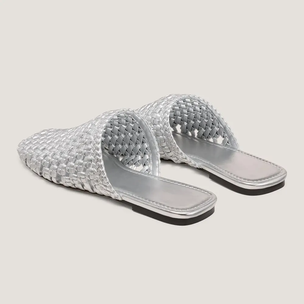Silver Woven Square Toe Slip On Flat Mule Shoes for Women