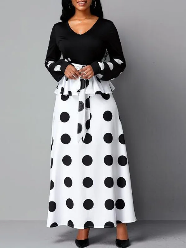 Fashion Mesh Panel High Waist Polka Dot Print Dress