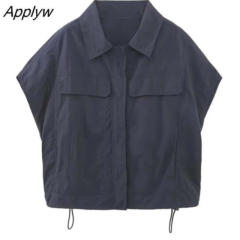 Applyw Fashion 2023 Summer Solid Blouse Pants Sets Casual Short Sleeve Turn Down Collar Shirts Pockets Cargo Pants Outwear