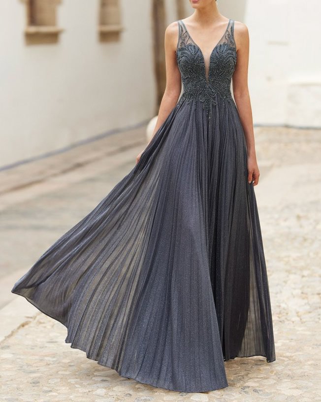 elegant beaded pleated maxi dress