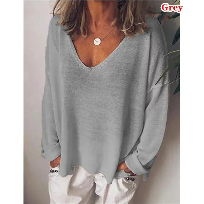 Brownm V-neck Pullover Cotton Solid Color Long Sleeve Women's T-shirt