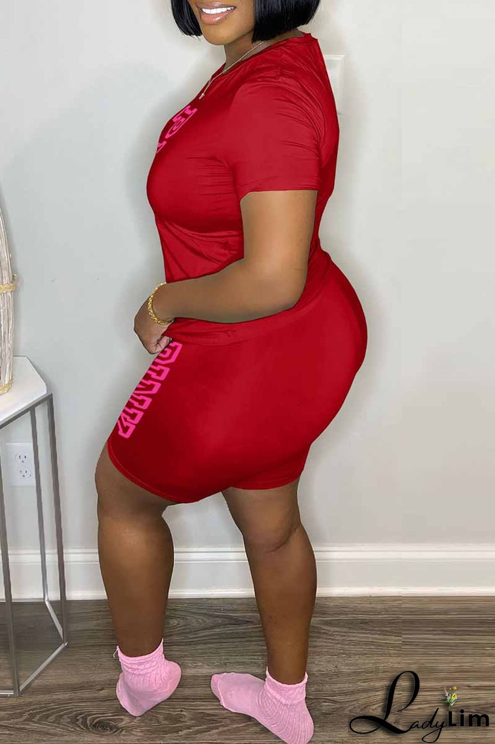 Blue Casual Print Letter O Neck Short Sleeve Two Pieces