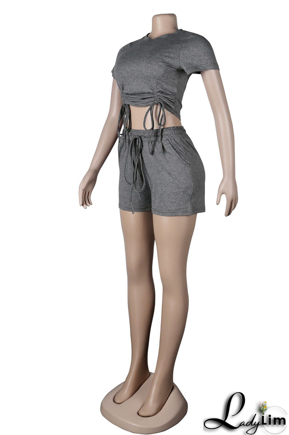 Rose Red Fashion Solid Draw String O Neck Short Sleeve Two Pieces