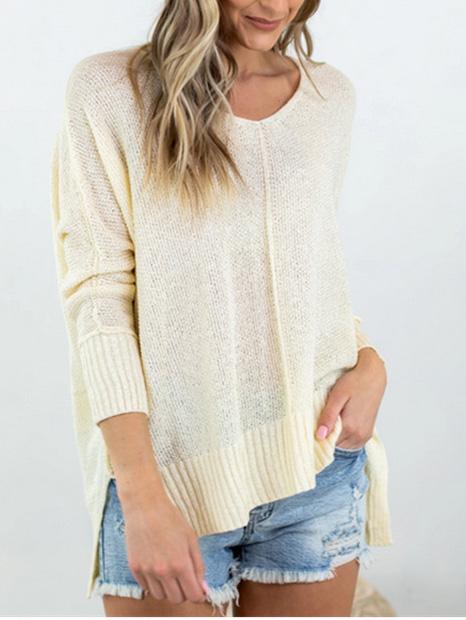 Women's Pure Color Casual V-neck Knitted Long Sleeve Sweater Top