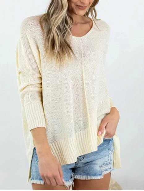 Women's Pure Color Casual V-neck Knitted Long Sleeve Sweater Top