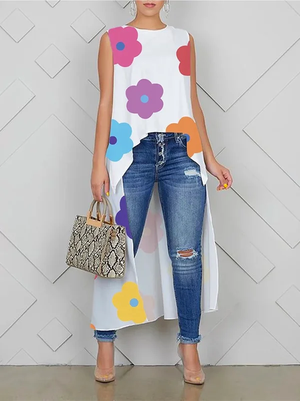 High-Low Loose Contrast Color Floral Printed Round-Neck Vest Top