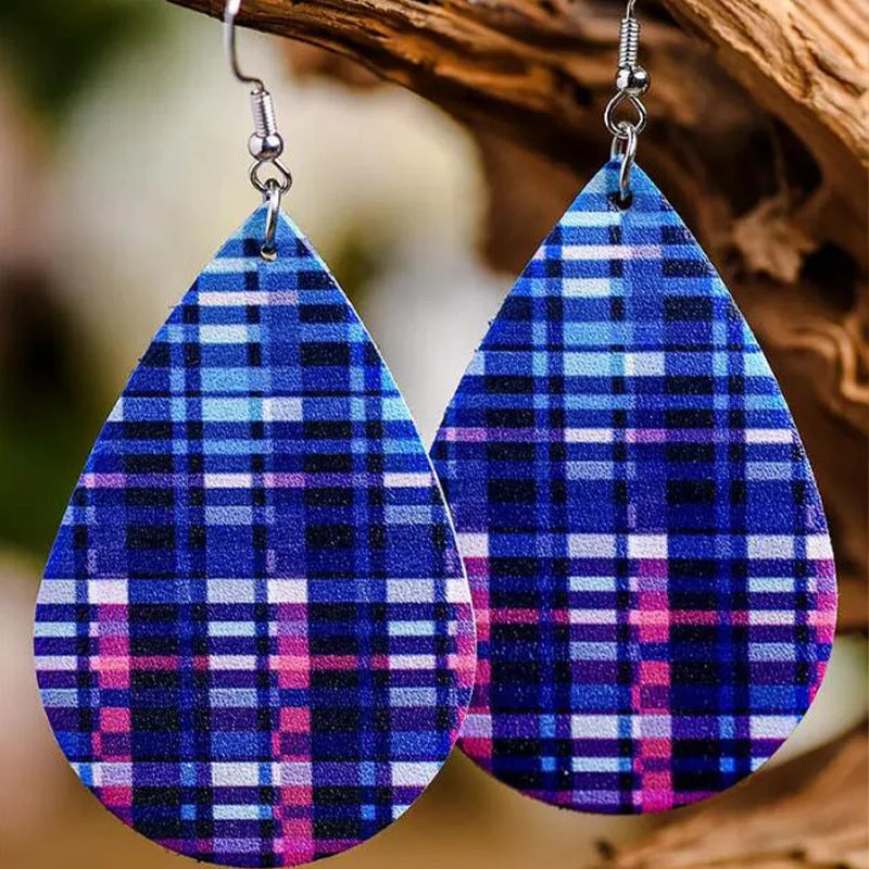 Gradient Plaid Water Drop PU Leather Earrings