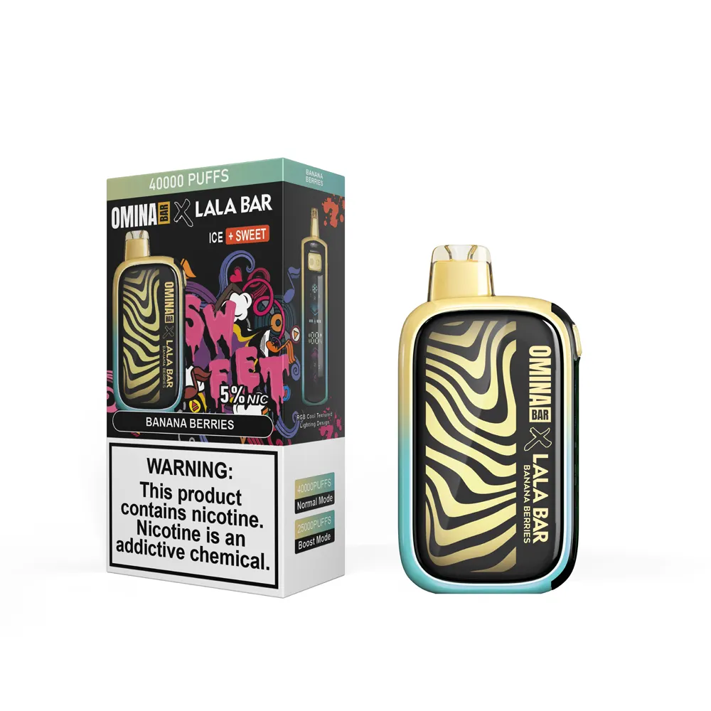 OMINA BAR x LALA BAR 40K Puff disposable vape in Banana Berries flavor, gold and gradient blue with "SWEET" packaging.