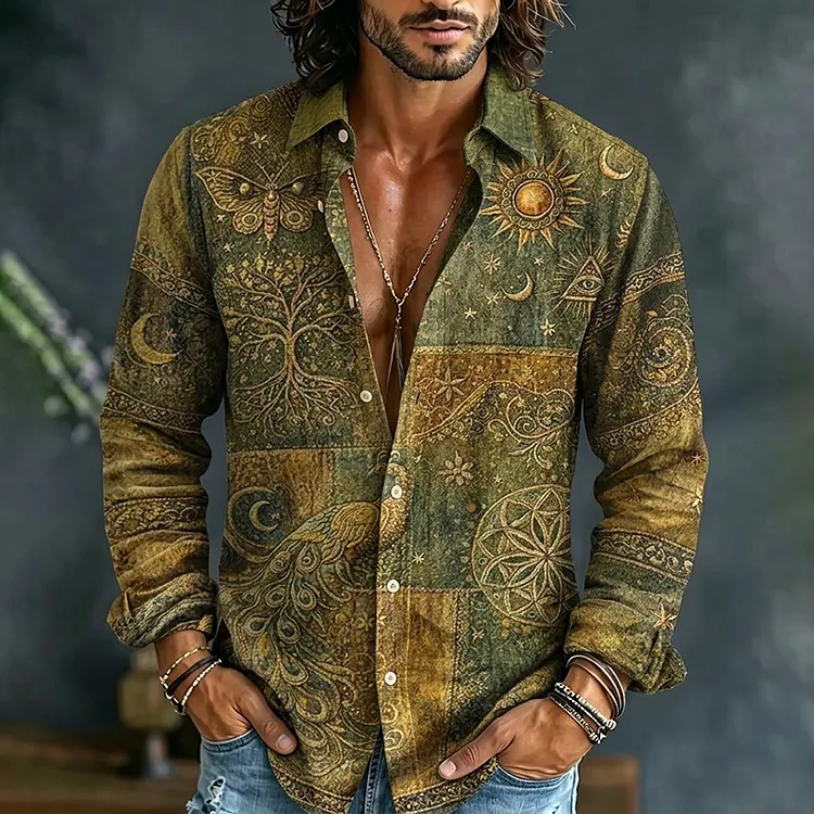 Men's Mystical Hippie Style Peacock Sun And Moon Art Print Long Sleeve Shirt