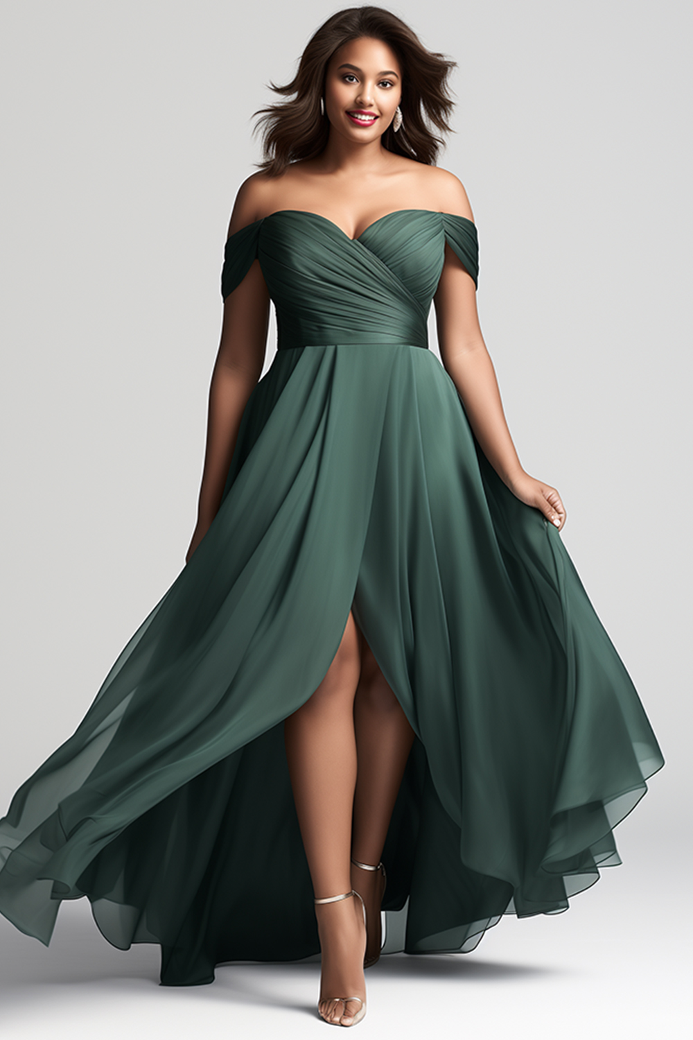 Flycurvy Plus Size Bridsmaid Dark Green Chiffon Wrap Slit Off The Shoulder High Low Hem Maxi Dress