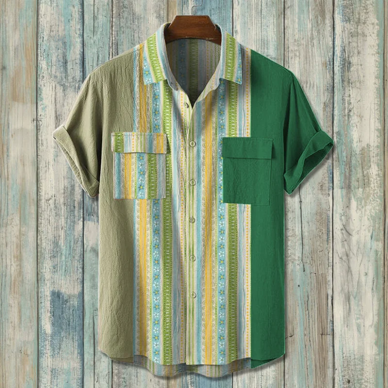 Men's color block vintage striped pattern cotton linen shirt