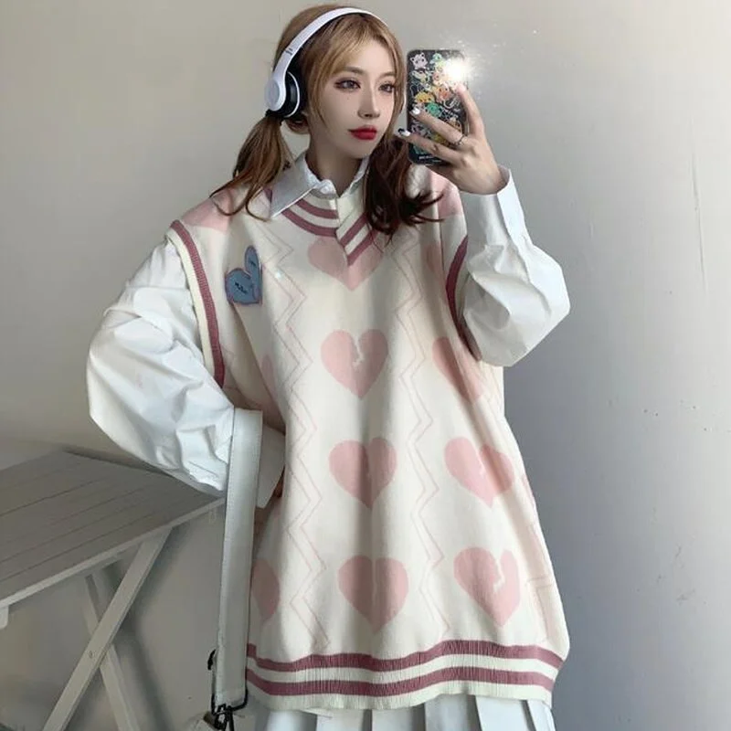 Women Heart Printed Sweater Vest Pink Sweet Girls Oversize Boyfriend Lovely Teenagers Hipster Females Jumpers Comfort Harajuku