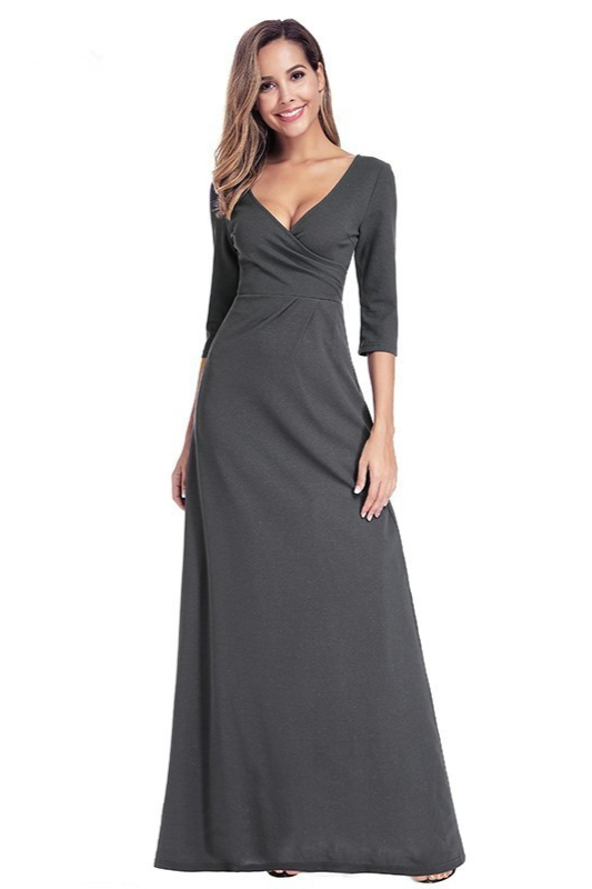 Dark Grey Half Sleeve V-Neck Long Evening Prom Dress Online - lulusllly
