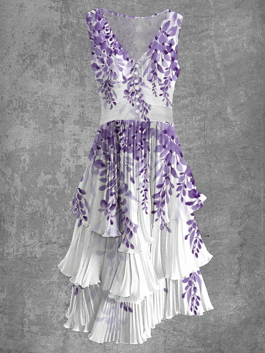 Leaf Print Sleeveless V-Neck Button Up Retro Midi Dress