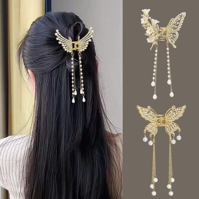 Metal Butterfly Hairpin Women’s High-grade Temperament Half-tie Hair Tassel Pendant Hair Accessories New Back Head Clip