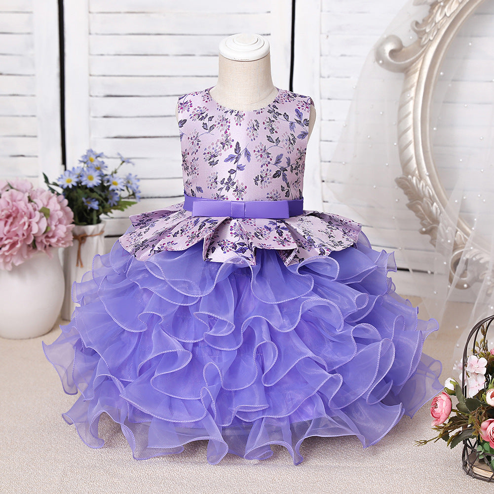 Oknass Purple Jewel Sleeveless Floor Length Flower Girl Dress with Ruffles Print
